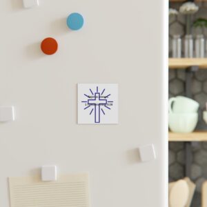 Christian Cross Square Magnet blue— Rejoice Always.