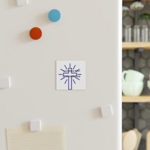 Christian Cross Square Magnet blue— "Love Never Fails. – 1 Corinthians 13:8
