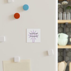 Christian Cross Square Magnet purple — "Love Never Fails. – 1 Corinthians 13:8