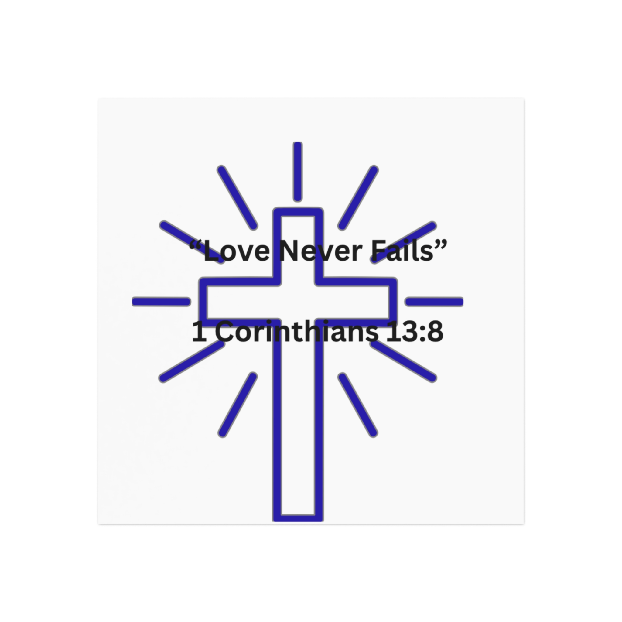 Christian Cross Square Magnet blue— "Love Never Fails. – 1 Corinthians 13:8 - Image 2