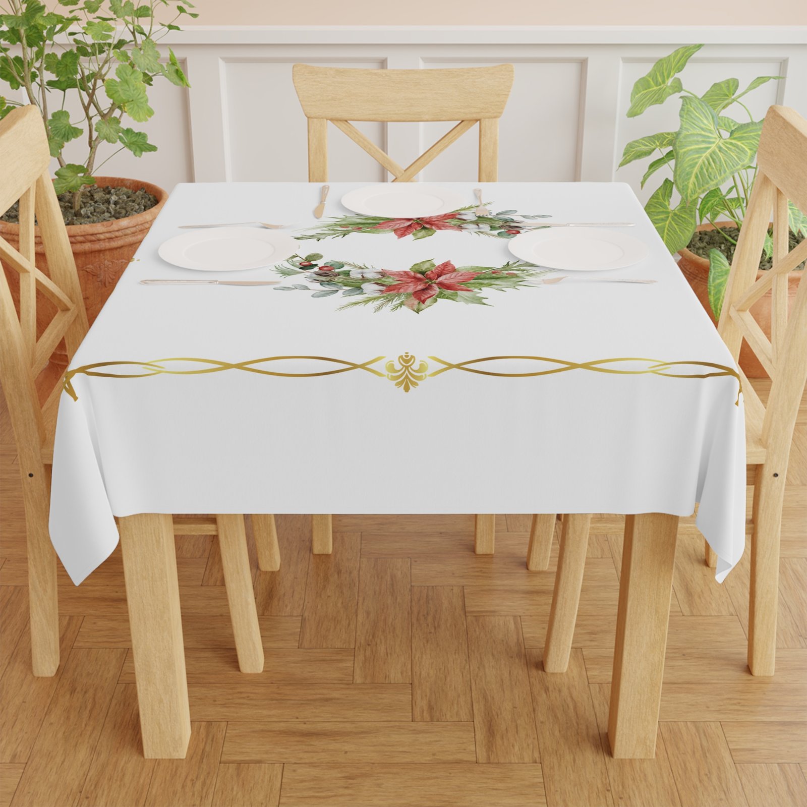 Holiday Poinsettia Wreath Tablecloth — Festive White Table Cover with Gold Border - Image 4