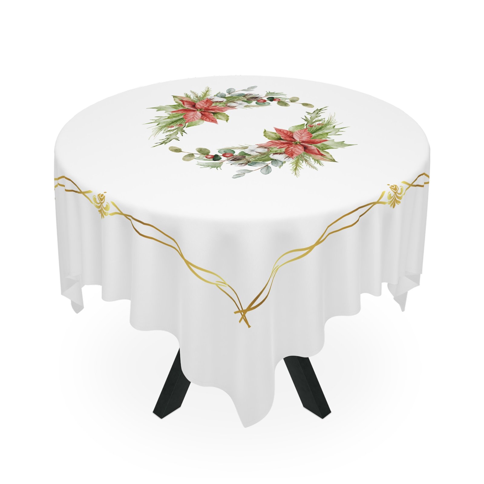 Holiday Poinsettia Wreath Tablecloth — Festive White Table Cover with Gold Border