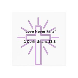 Christian Cross Square Magnet purple — "Love Never Fails. – 1 Corinthians 13:8