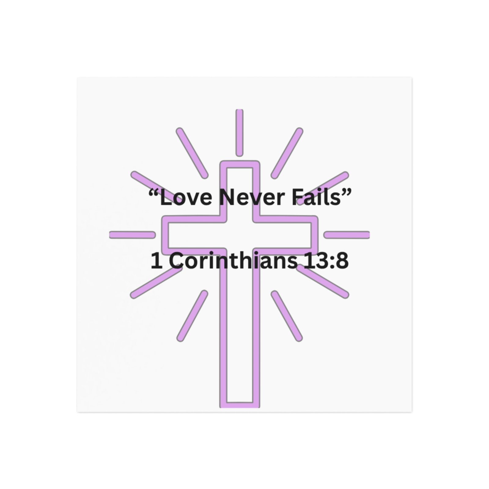 Christian Cross Square Magnet purple — "Love Never Fails. – 1 Corinthians 13:8