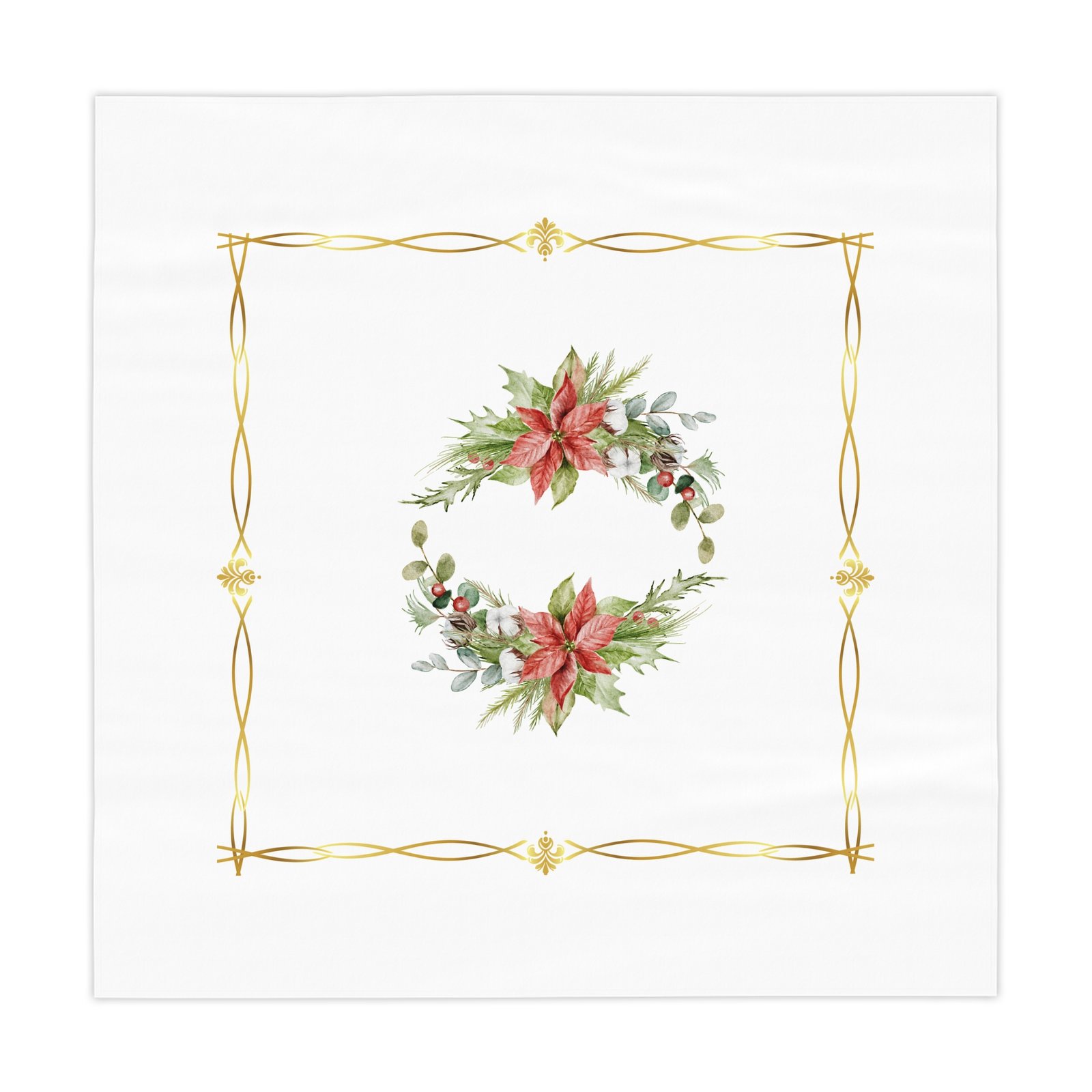 Holiday Poinsettia Wreath Tablecloth — Festive White Table Cover with Gold Border - Image 2