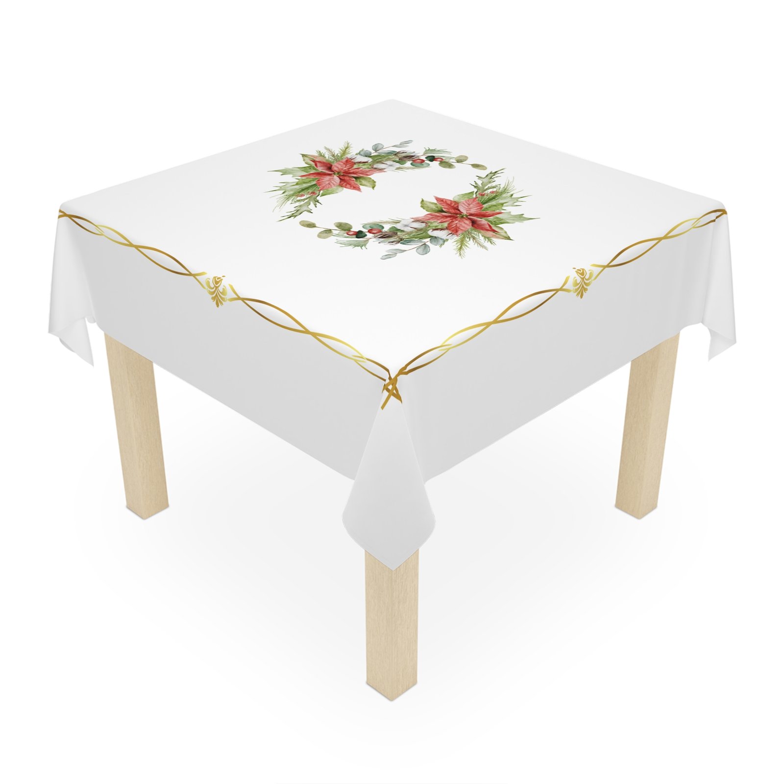 Holiday Poinsettia Wreath Tablecloth — Festive White Table Cover with Gold Border - Image 3
