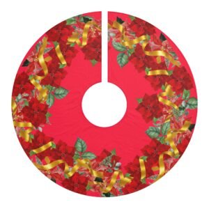 Red Poinsettia Christmas Tree Skirt with Gold Ribbon
